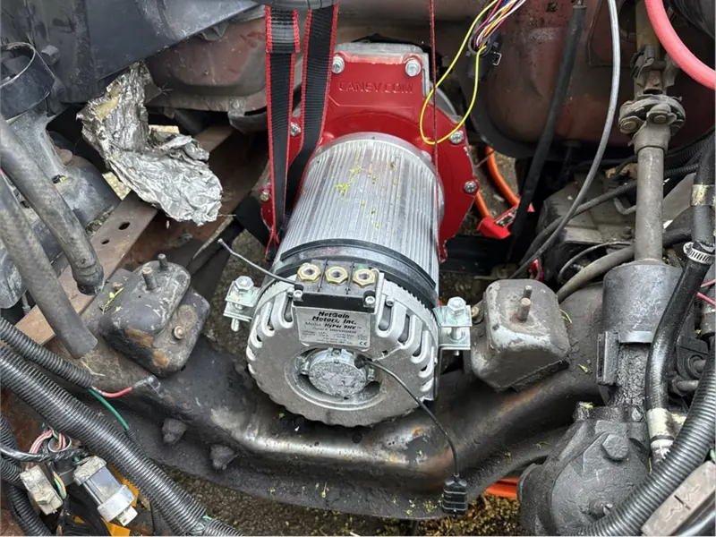 NetGain Hyper9 electric motor bolted to the Ford Ranger transmission with a CanEV adapter plate